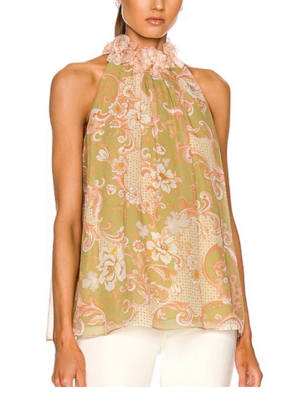 Zimmermann Floral Halter Top in Sage Green and Peach